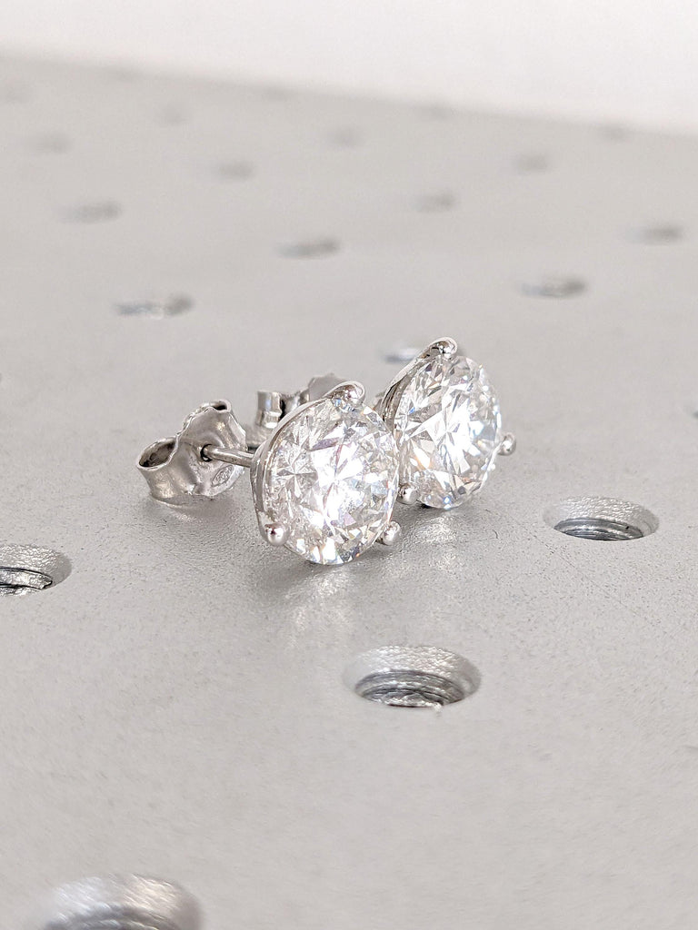14k White Gold 3ct Round Solitaire Stud Earrings | Lab Grown Diamond Three Prong Martini Studs Wedding Earrings | Everyday Push Back Earring