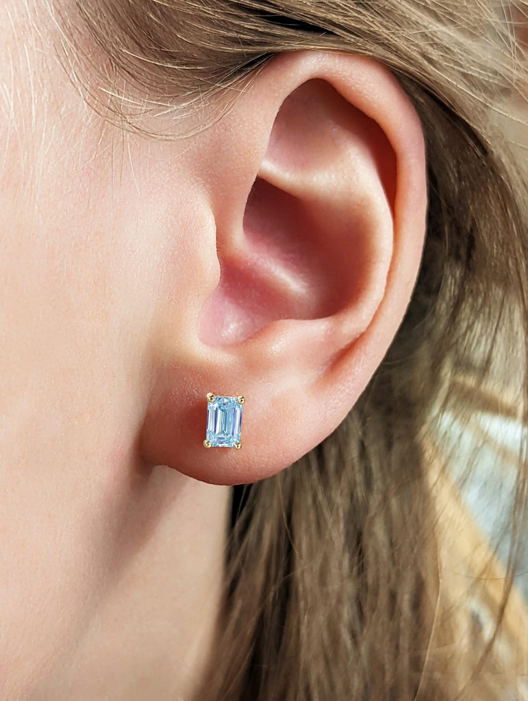 Aquamarine Something Blue Wedding Earrings | Emerald cut Lab Aquamarine Stud Earrings | Trendy Everyday Earring for Her | Light Blue Earring