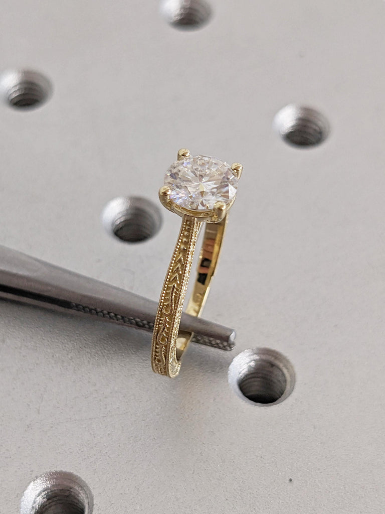 Round Cut Moissanite Ring | Unique Milgrain 14k Yellow Gold Wedding Ring | Filigree Moissanite Engagement Ring | Anniversary Rings for Women