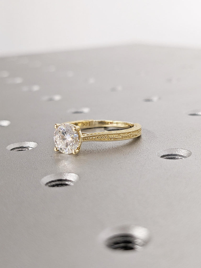 Round Cut Moissanite Ring | Unique Milgrain 14k Yellow Gold Wedding Ring | Filigree Moissanite Engagement Ring | Anniversary Rings for Women