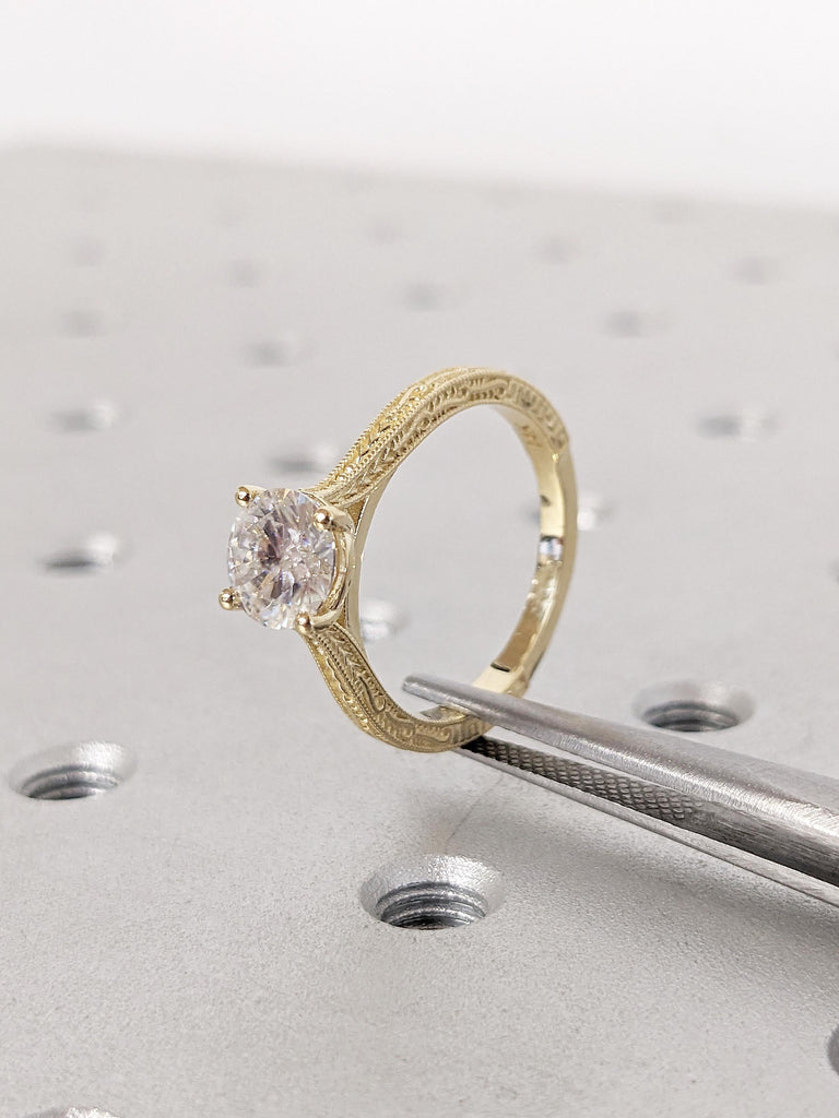 Unique Lab Created Diamond Ring, Filigree 14k Yellow Gold Vintage Ring, Round Cut Lab Diamond Ring, Milgrain Anniversary Ring, Gift for Mom