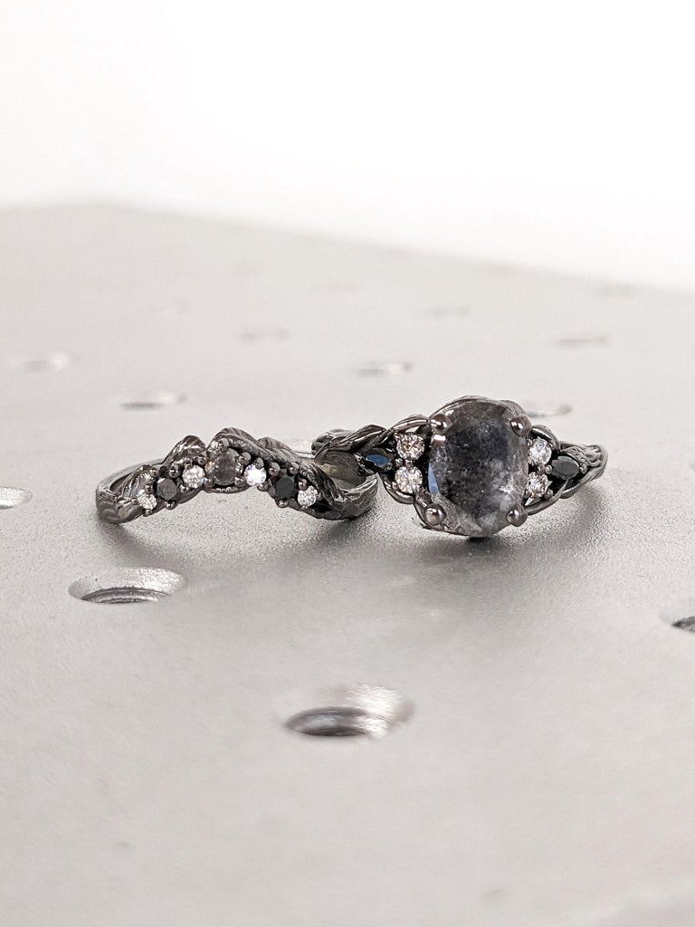 Leaf Engraved Engagement Ring, Oval cut Salt and Pepper Diamond 14k Gold Vine Wedding Ring, Women Marriage Band, Solid Black Gold Nature Inspired Ring, Tiny Natural Diamond Ring