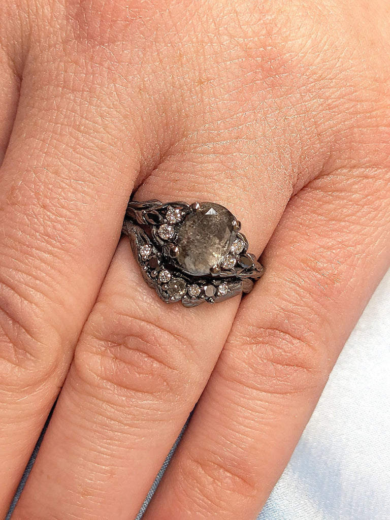 Vintage Black Onyx Engagement Ring | Oval cut Salt and Pepper Diamond | 14k Gold Ring | Leaf Ring | Twig Branch Tree Bark Ring | Stacking Ring Set
