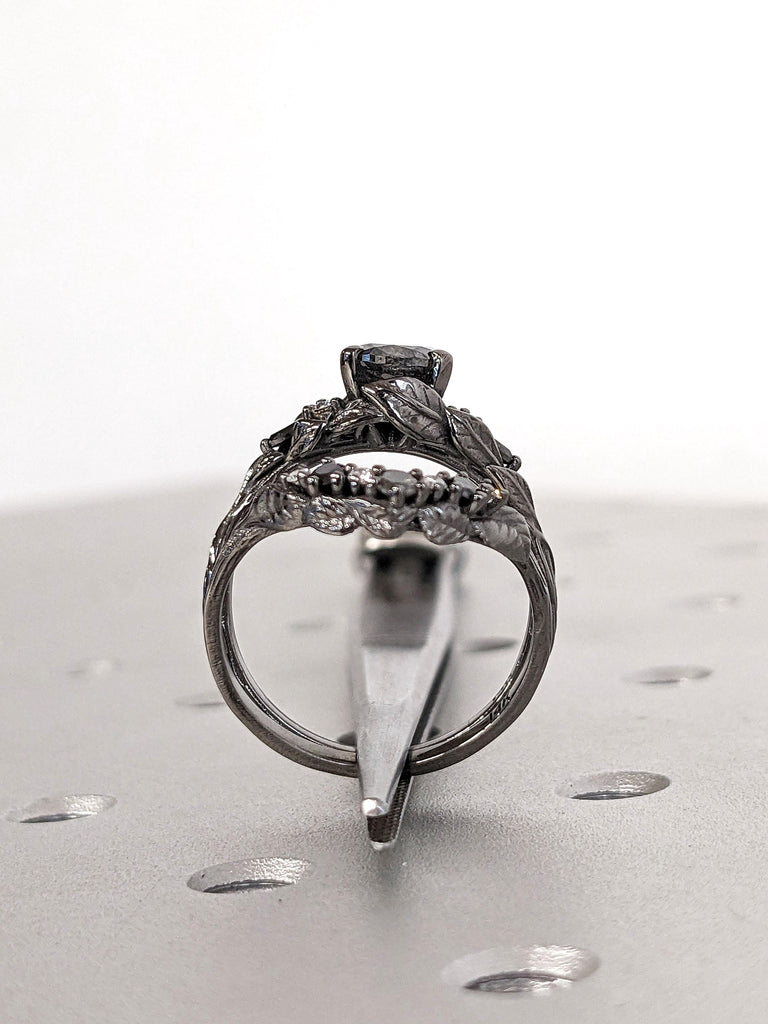 Gothic Black Engagement Ring | Oval cut Salt and Pepper Diamond | 14k 18k Gold Ring | Leaf Ring | Twig Branch Tree Bark Ring | Handmade Ring