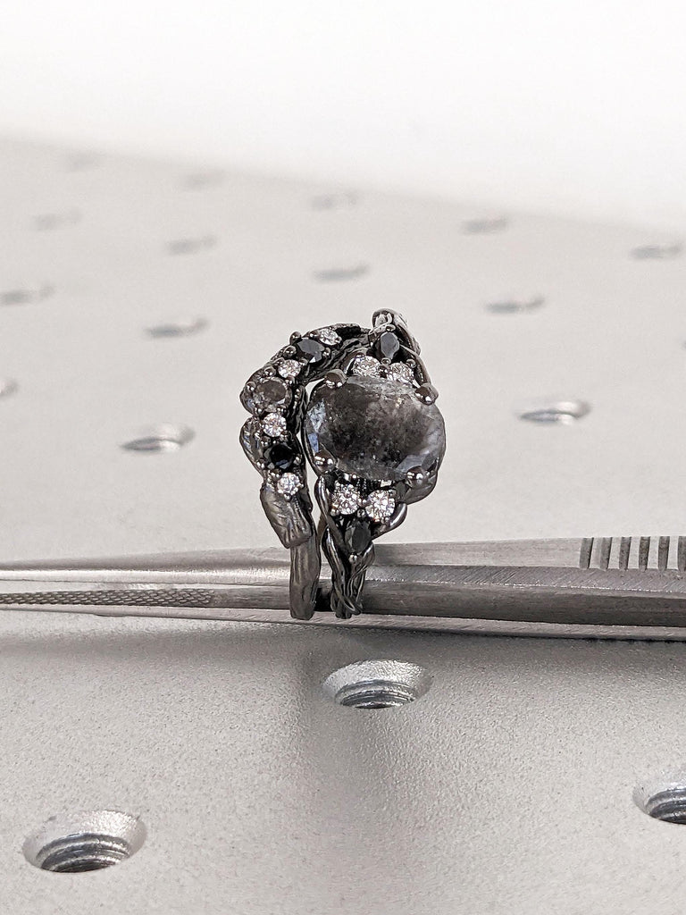 Art Deco Leaf Wedding Band | Black Gold Nature Inspire Leaf Branch Ring | Gothic Wedding Ring | Stacking Matching Custom Ring Anniversary Gift For Her | Diamond Cluster Ring | Black Onyx Diamond