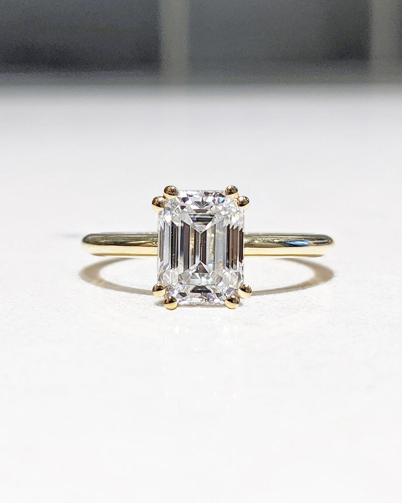 Emerald Cut Solitaire Engagement Ring, Colorless Moissanite Engagement Ring, Double Prong Ring, 14K Gold Classic Emerald Cut Moissanite Ring