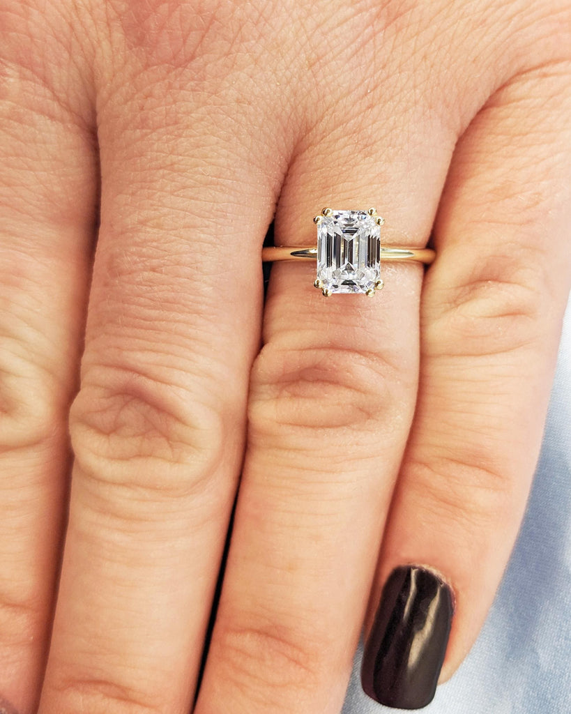 Emerald Cut Solitaire Engagement Ring, Colorless Moissanite Engagement Ring, Double Prong Ring, 14K Gold Classic Emerald Cut Moissanite Ring