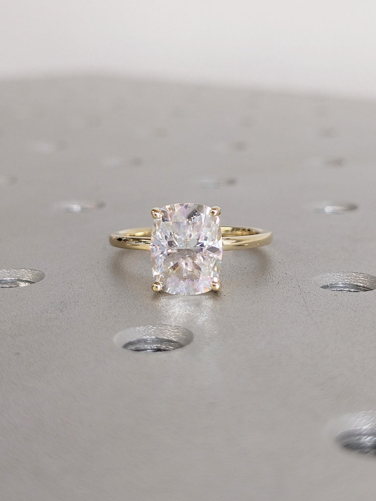 Lab Grown Diamond Ring, Elongated Cushion Cut Engagement Ring, 14k Yellow Gold Statement Ring, Hidden Halo Ring, Gold Promise Ring for Her