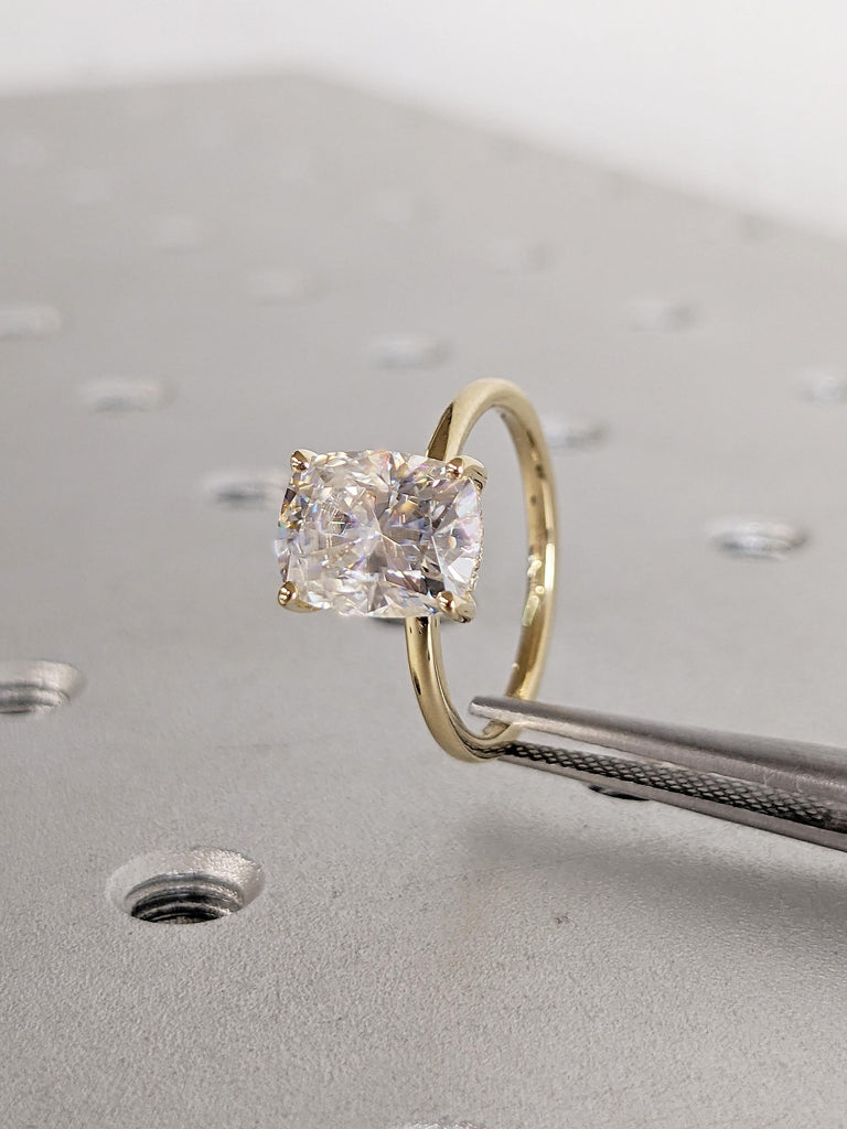 Elongated Cushion Lab Grown Diamond Engagement Ring, Solitaire 14k Solid Gold Ring, Hidden Halo Diamond Ring, Anniversary Rings for Women