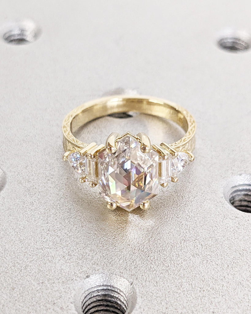 Art Deco Moissanite Ring, 14k Gold Engagement Ring, Filigree Ring, Baguette Trillion Hexagon Ring, Gold Statement Ring, Unique Gift for Mom