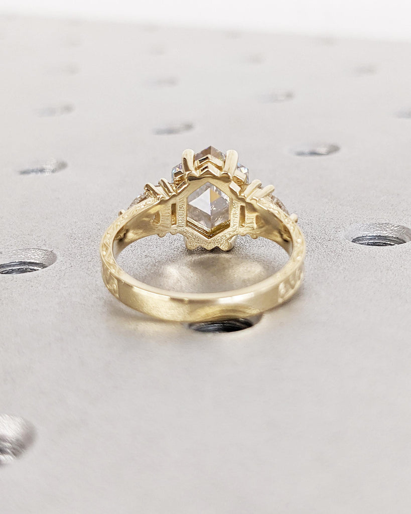 Art Deco Moissanite Ring, 14k Gold Engagement Ring, Filigree Ring, Baguette Trillion Hexagon Ring, Gold Statement Ring, Unique Gift for Mom