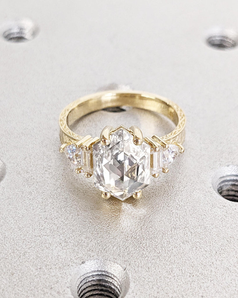 Vintage 14K Gold Lab Grown Diamond Engagement Ring, Hexagon Lab Diamond Wedding Ring, Art Deco Hexagon Trillion Baguette Bridal Promise Ring