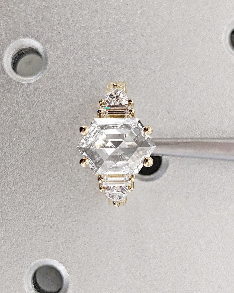 Vintage 14K Gold Lab Grown Diamond Engagement Ring, Hexagon Lab Diamond Wedding Ring, Art Deco Hexagon Trillion Baguette Bridal Promise Ring