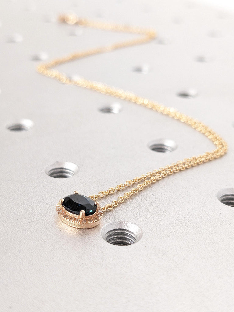 Rose Gold Layering Necklace | Simple Necklace | Teal Sapphire Necklace | Natural Sapphire and Lab Grown Diamond Halo Pendant