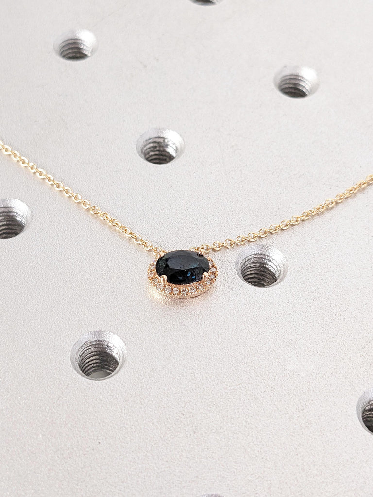 1ct Natural Blue Green Sapphire and Diamond Halo Pendant | 18k Rose Gold Classic Sapphire Necklace for Her, East West Oval Solitaire Pendant