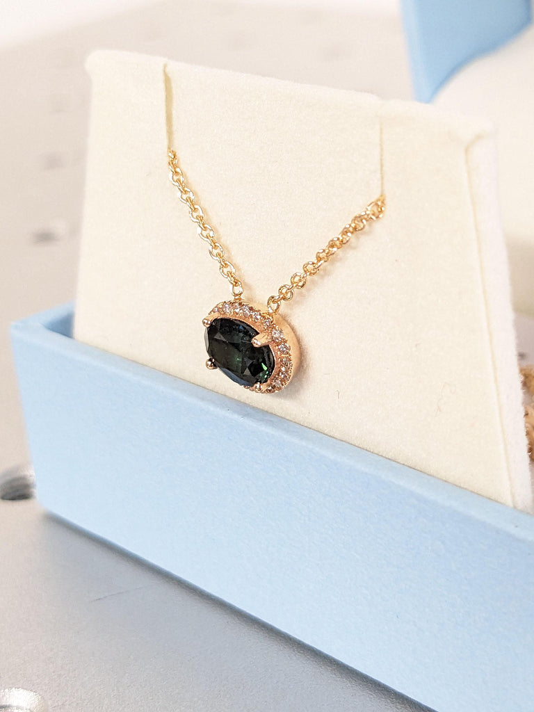 Diamond Halo Pendant Necklace | Gold Chain Necklace | Rose Gold Necklace | Oval Necklace | Oval shape Pendant | Oval Sapphire