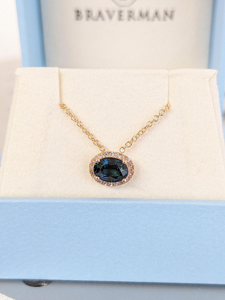 East West Peacock Sapphire Necklace | 14k 18k Solid Gold Woman Necklace | Delicate Necklace | Dainty Sapphire Necklace | September Birthstone Necklace