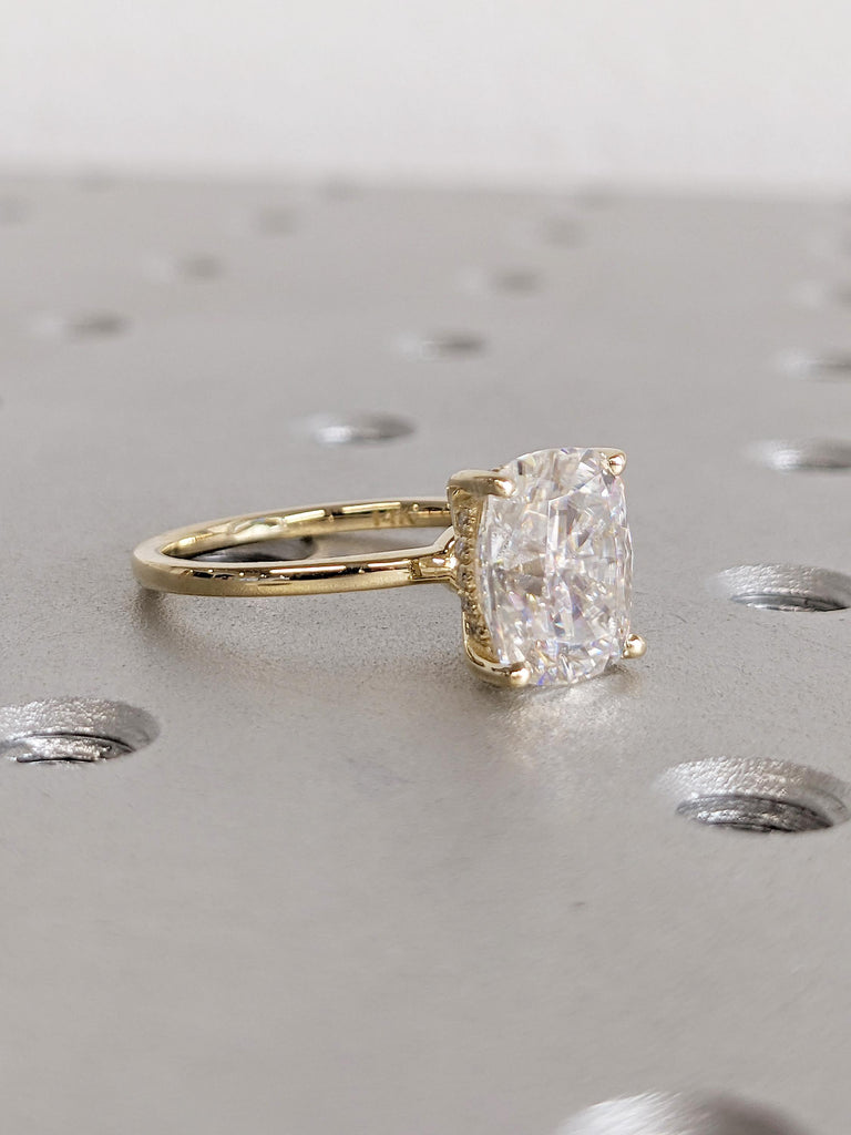 2.5ct Lab Grown Diamond Engagement Ring, Vintage 14k Gold Hidden Halo Diamond Ring, Elongated Cushion Cut Ring, Solitaire Women Wedding Ring