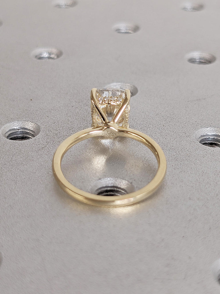 2.5ct Lab Grown Diamond Engagement Ring, Vintage 14k Gold Hidden Halo Diamond Ring, Elongated Cushion Cut Ring, Solitaire Women Wedding Ring