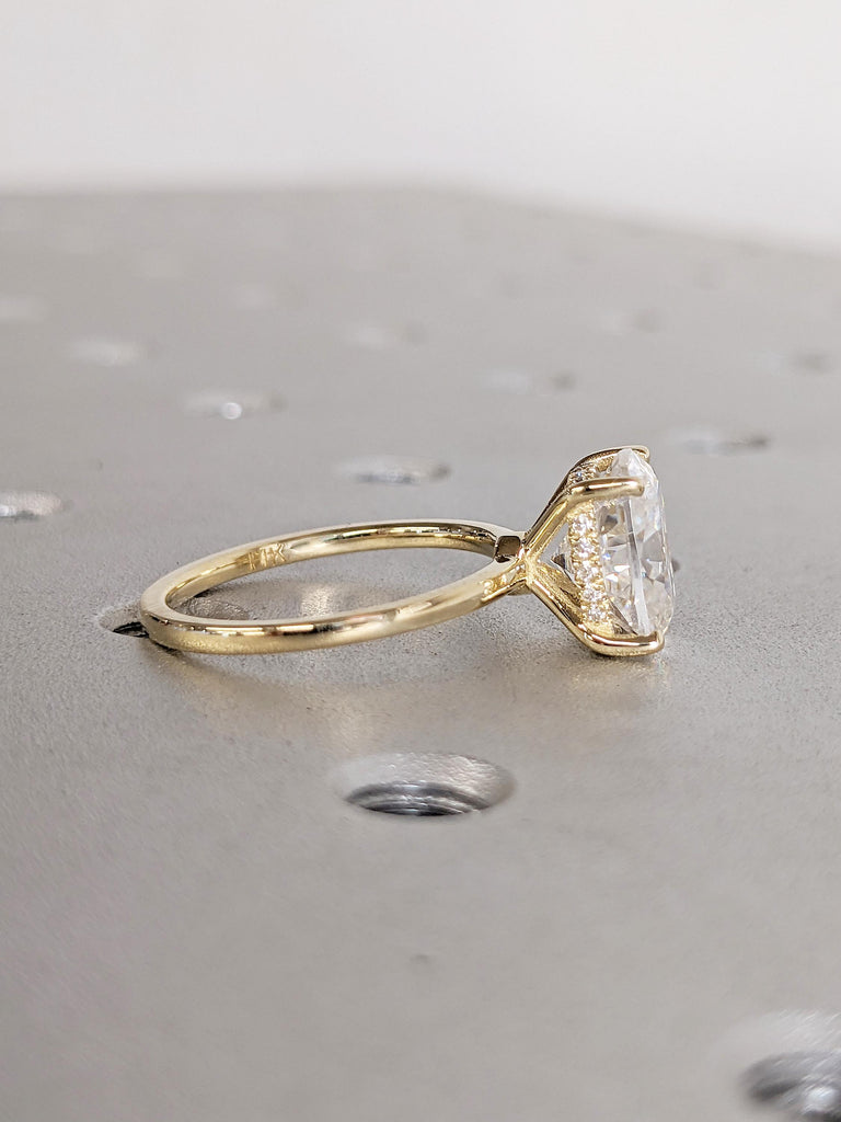 2.5ct Lab Grown Diamond Engagement Ring, Vintage 14k Gold Hidden Halo Diamond Ring, Elongated Cushion Cut Ring, Solitaire Women Wedding Ring