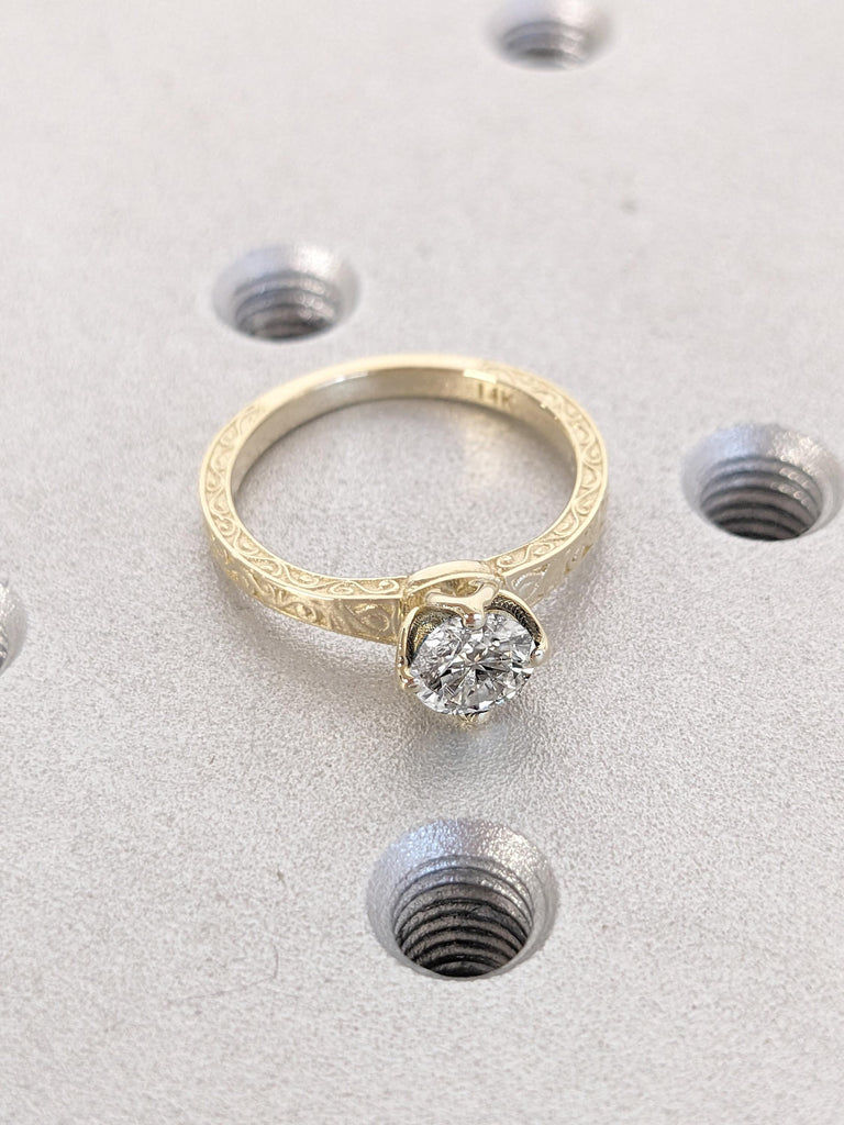 Round IGI Diamond Solitaire 14k 18k Yellow Gold Rings for Women | Lotus Flower Basket Setting Engagement Filigree Ring | Floral Promise Ring