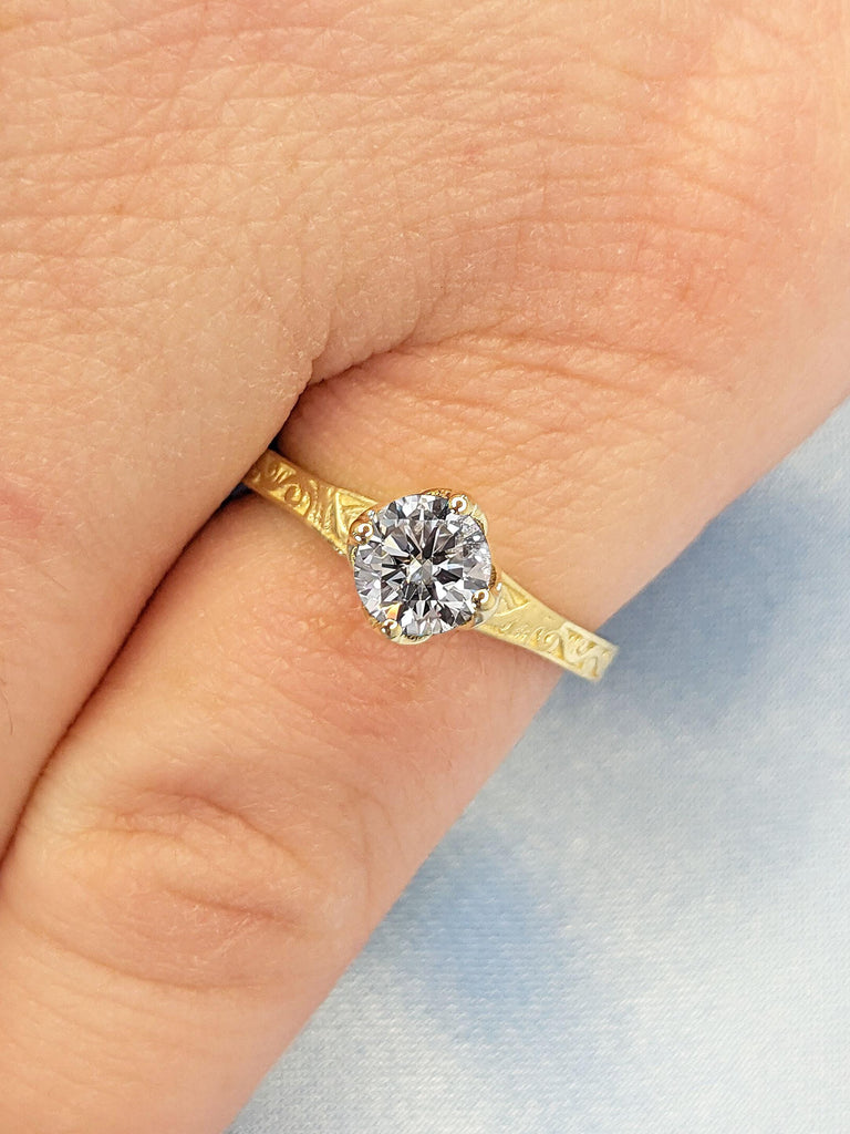 0.5ct VVS Colorless Moissanite Bridal Ring | Vintage Tulip Floral Engagement Ring | Handmade Filigree Wedding Band | Yellow Gold Ring