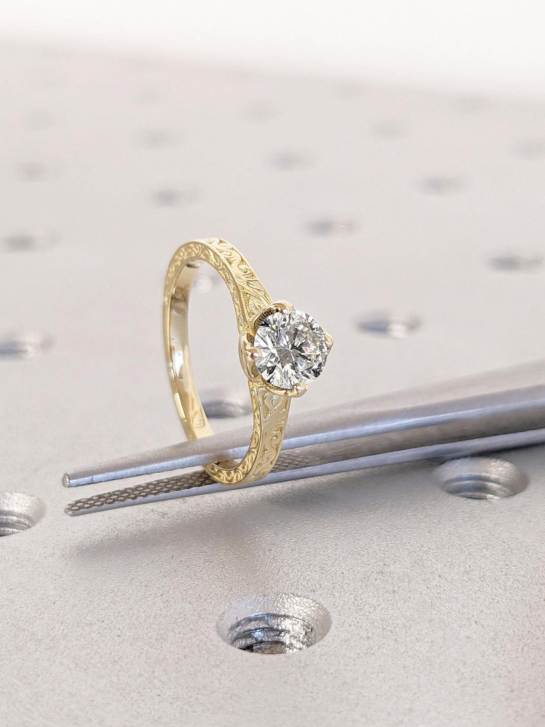Round Moissanite 14k Yelllow Gold Engagement Ring | Moissanite Solitaire Ring | Round Engagement Ring | Vintage Promise Annviersary Ring Gift for Wife