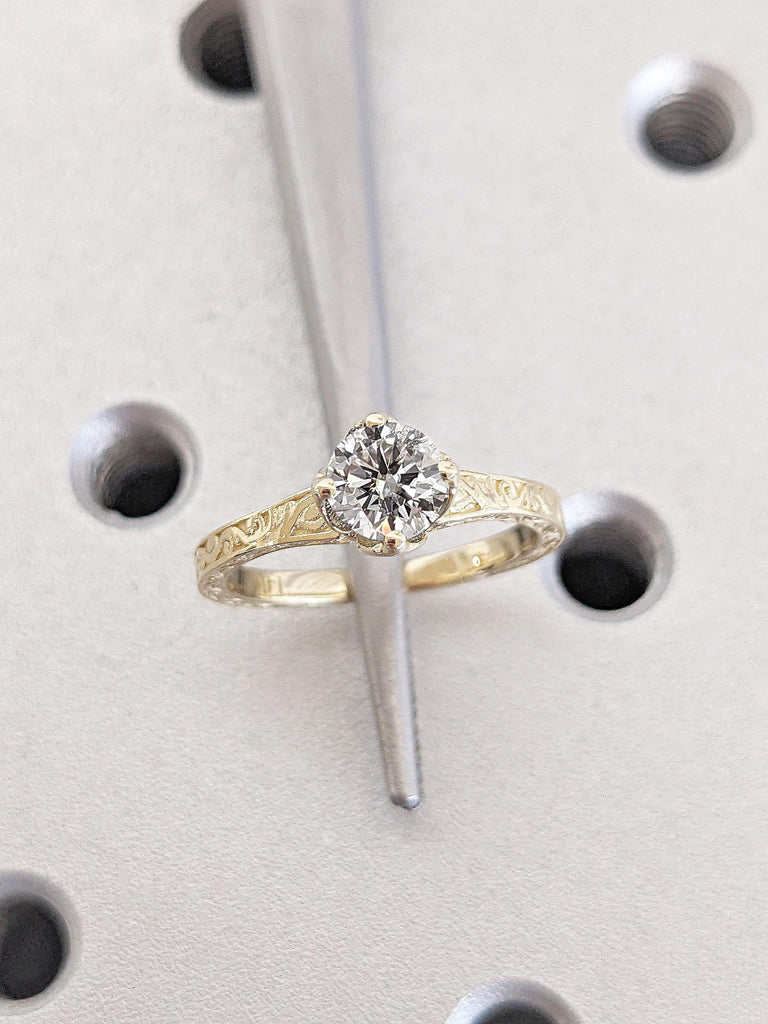 0.5ct Moissanite Nature Inspired Promise Anniversary Ring for Wife | Solid Yellow Gold Engagement Ring | Moissanite Antique Engagement Ring