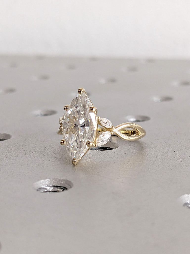 2ct Marquise Lab Made Diamond Rings for Women  | Art Deco Leaf Yellow Gold Engagement Rings | Twig Band | Unique Anniversary Gift for Wife