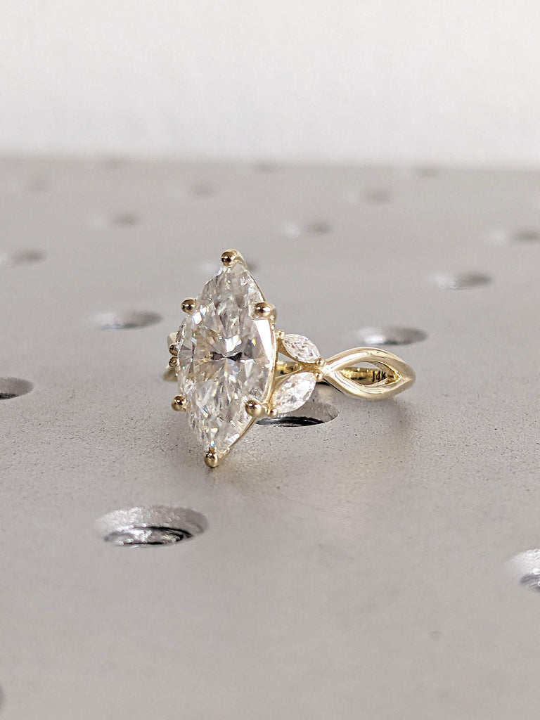 14k Solid Gold Vine Ring Women | Minimalist Leaf Diamond Wedding Rings, Dainty Flower Marquise Ring | Thin Floral Band Nature Inspired Rings