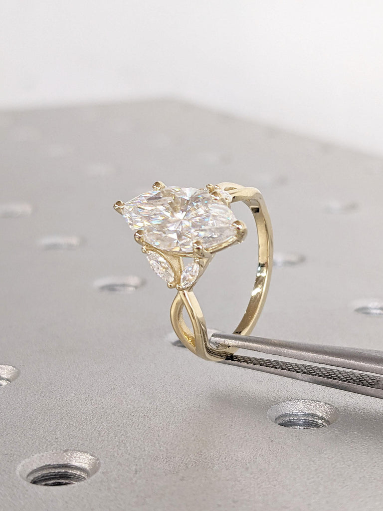 Vintage Diamond Wedding Band | Art Deco Leaf Yellow Gold Branch Matching Band | Twig Band Unique Marquise Lab Diamond Anniversary Women Gift