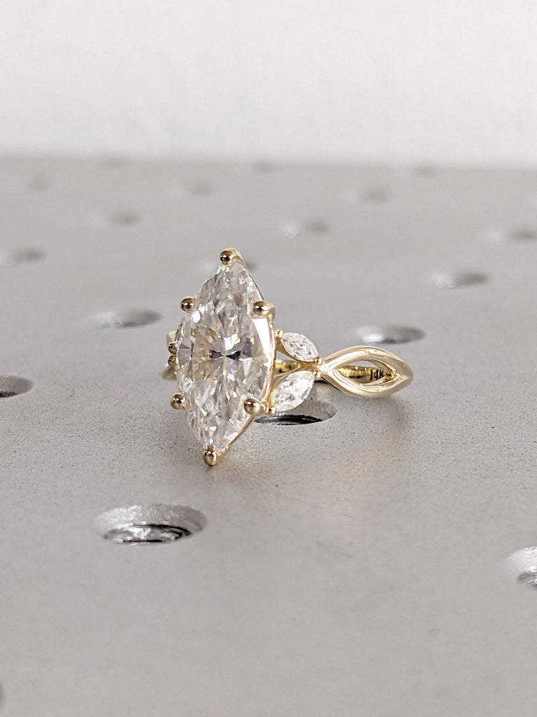 Art Deco Leaf Moissanite Marquise Engagement Ring | Vintage 14k Yellow Gold Branch Wedding Band | Twig Band | Unique Anniversary Gift Women
