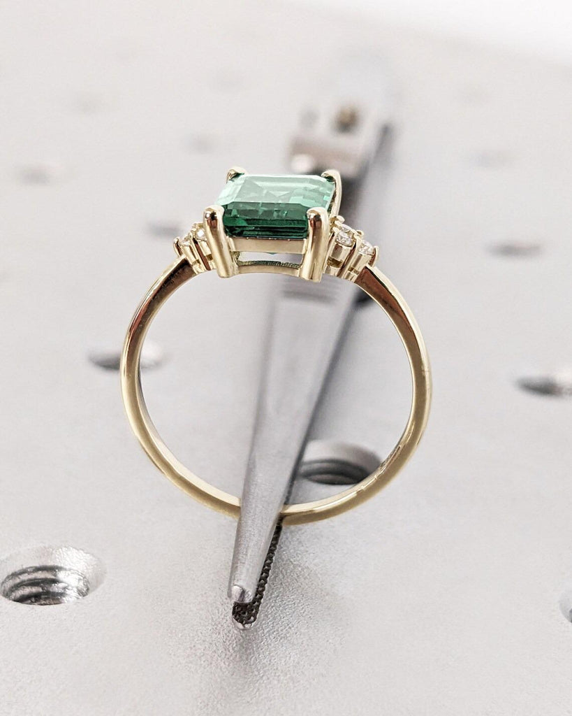 14K Rose Gold Green Sapphire Engagement Ring | 18k Solid Gold Sapphire Ring | Dainty Emerald Cut Lab Sapphire Ring | Sapphire Solitaire Ring