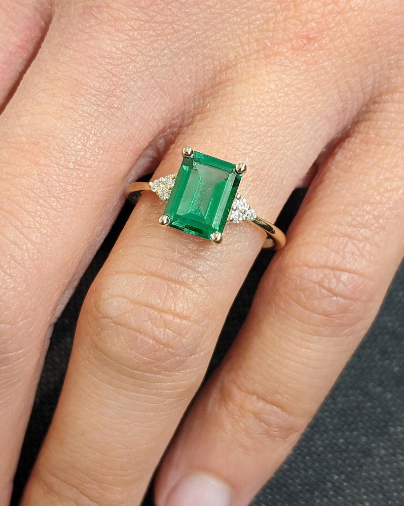 14K Rose Gold Green Sapphire Engagement Ring | 18k Solid Gold Sapphire Ring | Dainty Emerald Cut Lab Sapphire Ring | Sapphire Solitaire Ring