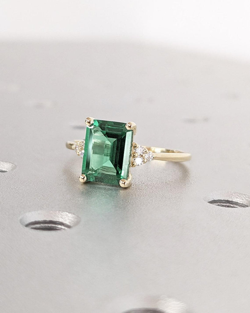 14K Rose Gold Green Sapphire Engagement Ring | 18k Solid Gold Sapphire Ring | Dainty Emerald Cut Lab Sapphire Ring | Sapphire Solitaire Ring