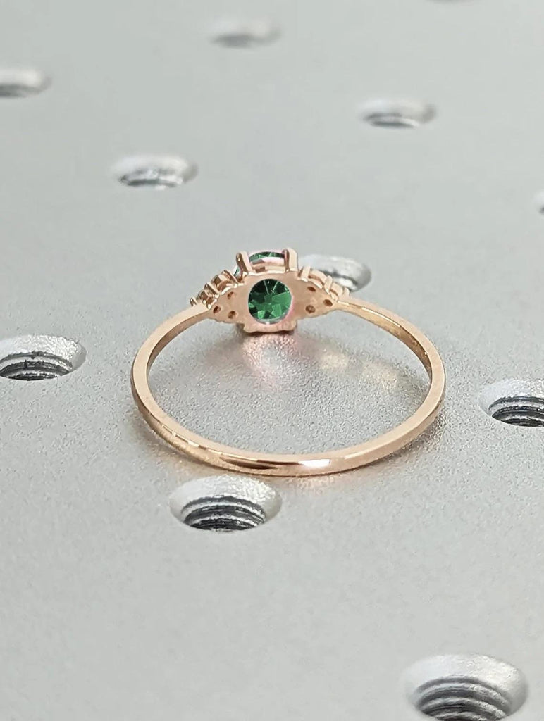 Rose Gold Green Sapphire and Diamond Engagement Ring | 14k 18k Gold Rings for Women | Art Deco Round Lab Sapphire Ring | Solitaire Ring