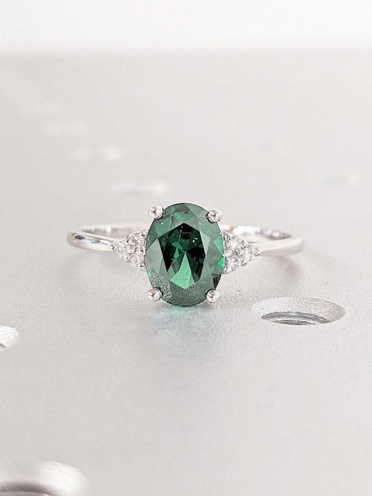 Green Sapphire Platinum Engagement Ring | Oval cut Lab Created Sapphire Ring | Dainty Sapphire Ring | Women Wedding Ring