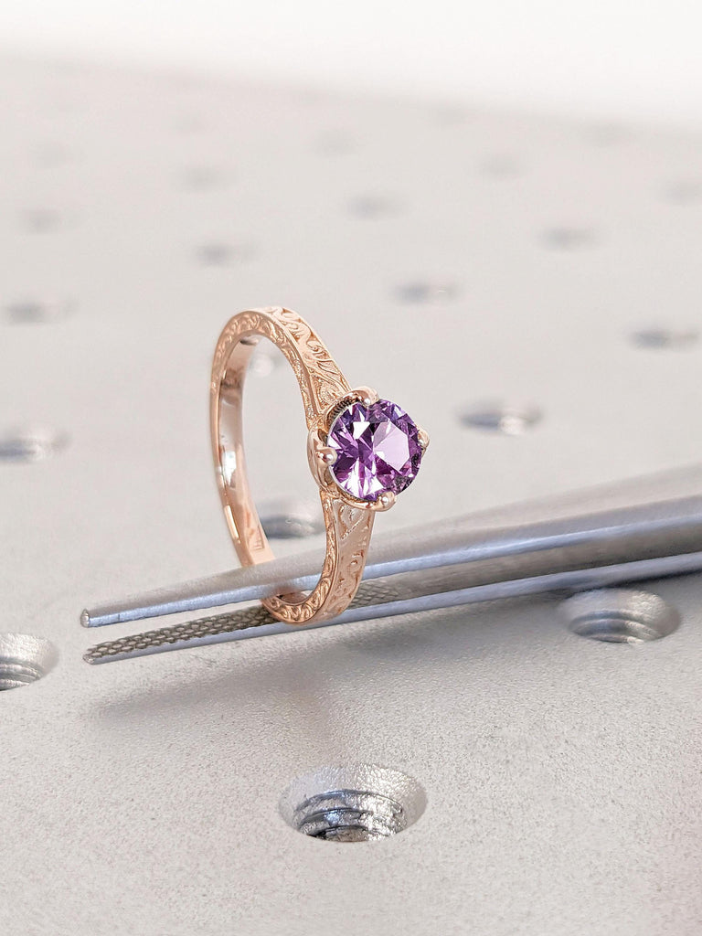 Purple Alexandrite 14k Rose Gold Engagement Ring | Lab Alexandrite Solitaire Ring | Round Engagement Ring | Alexandrite June Birthstone Ring Gift for Her