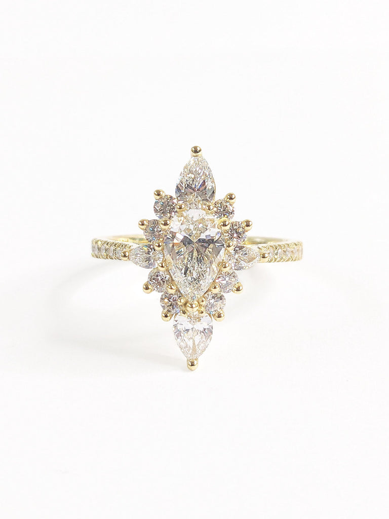 14k Gold Sunburst Pear Cut Lab Created Diamond Ring | Marquise Cluster Halo Engagement Ring | Vintage Style Art Deco Ring | Gift for Her