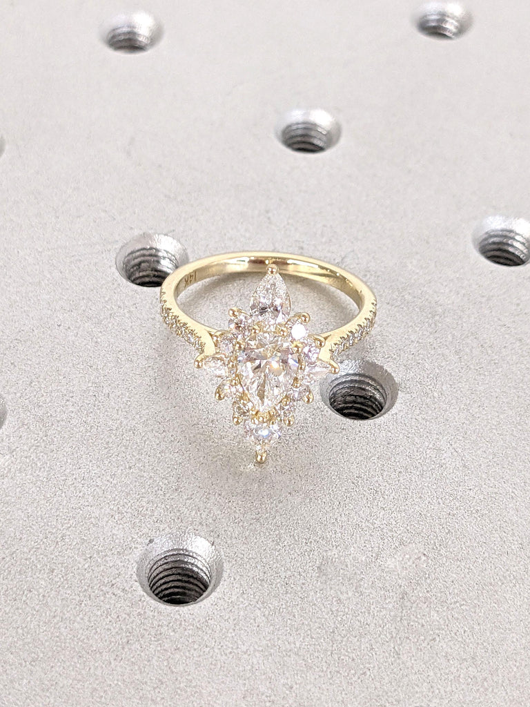 14k Gold Sunburst Pear Cut Lab Created Diamond Ring | Marquise Cluster Halo Engagement Ring | Vintage Style Art Deco Ring | Gift for Her