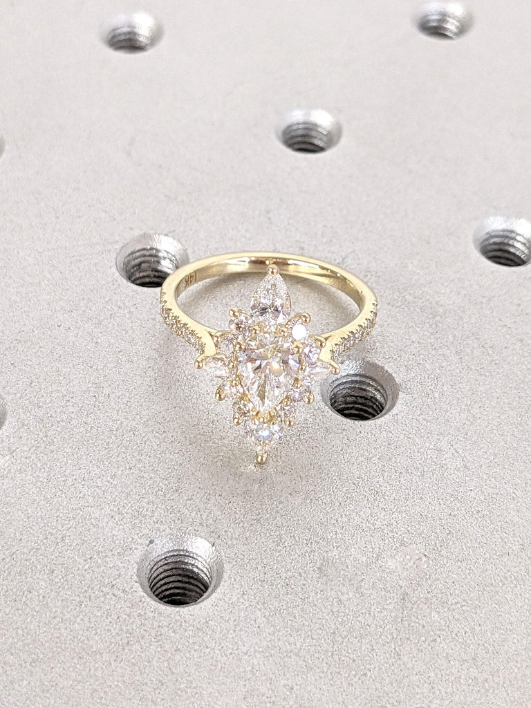 Vintage Pear Lab Grown Diamond Engagement Ring | Half Eternity Wedding Ring | 14K 18K Yellow Gold Rings for Women | Halo Floral Design Ring
