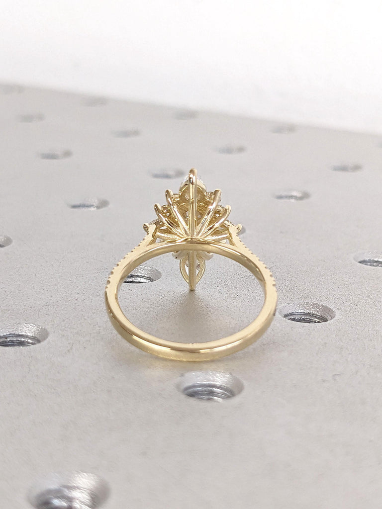 Vintage Pear Lab Grown Diamond Engagement Ring | Half Eternity Wedding Ring | 14K 18K Yellow Gold Rings for Women | Halo Floral Design Ring