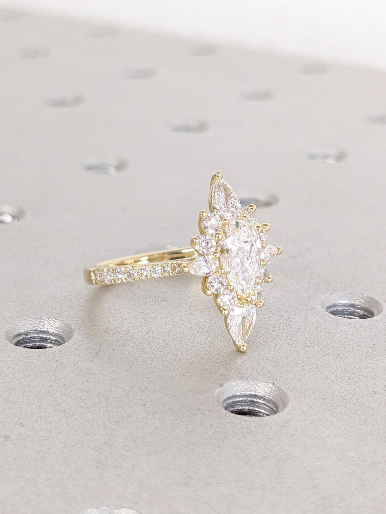 Vintage Pear Lab-Grown Diamond Engagement Ring | Half Eternity Wedding Ring | 14K Gold Rings for Women | Halo Floral Design Ring