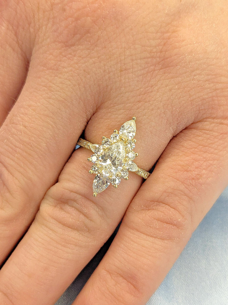 Vintage Pear Lab Grown Diamond Engagement Ring | Half Eternity Wedding Ring | 14K 18K Yellow Gold Rings for Women | Halo Floral Design Ring