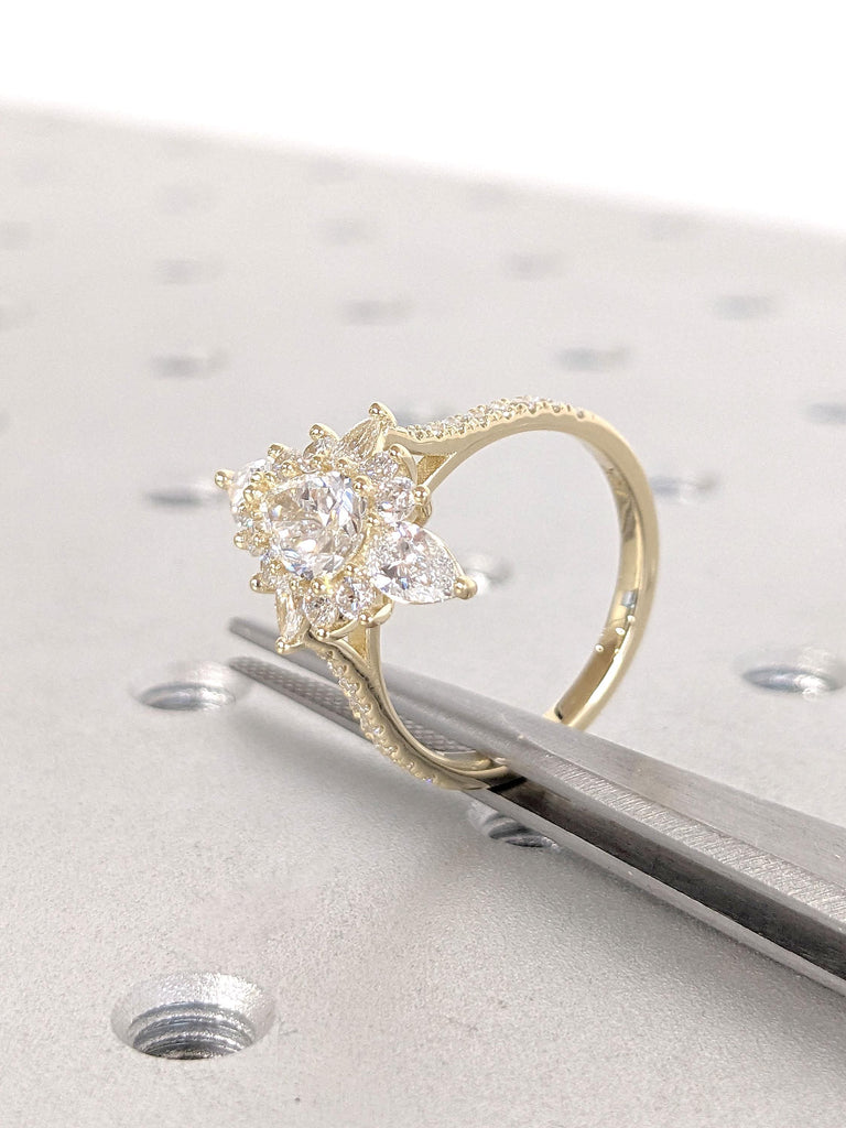 14k Gold Sunburst Pear Cut Lab Created Diamond Ring | Marquise Cluster Halo Engagement Ring | Vintage Style Art Deco Ring | Gift for Her