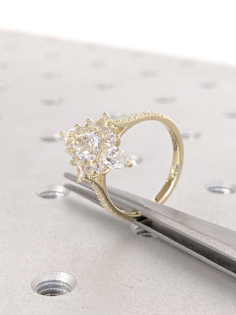 Vintage Pear Lab Grown Diamond Engagement Ring | Half Eternity Wedding Ring | 14K 18K Yellow Gold Rings for Women | Halo Floral Design Ring