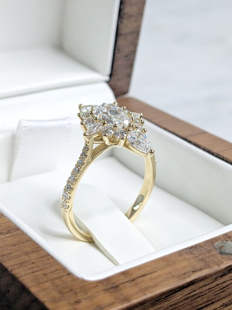 Vintage Pear Lab Grown Diamond Engagement Ring | Half Eternity Wedding Ring | 14K 18K Yellow Gold Rings for Women | Halo Floral Design Ring