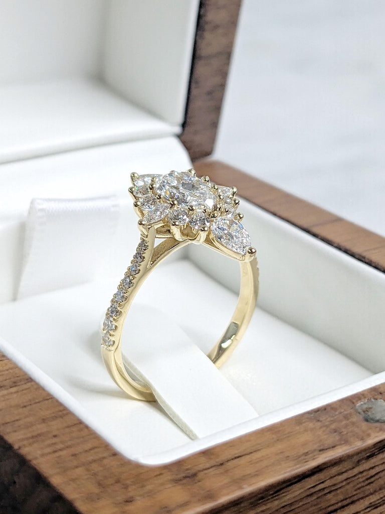 Unique Starburst Flower Pear Moissanite Engagement Ring | Marquise Cluster Halo Engagement Ring | Art Deco Promise Ring, Bridal Gift for Her