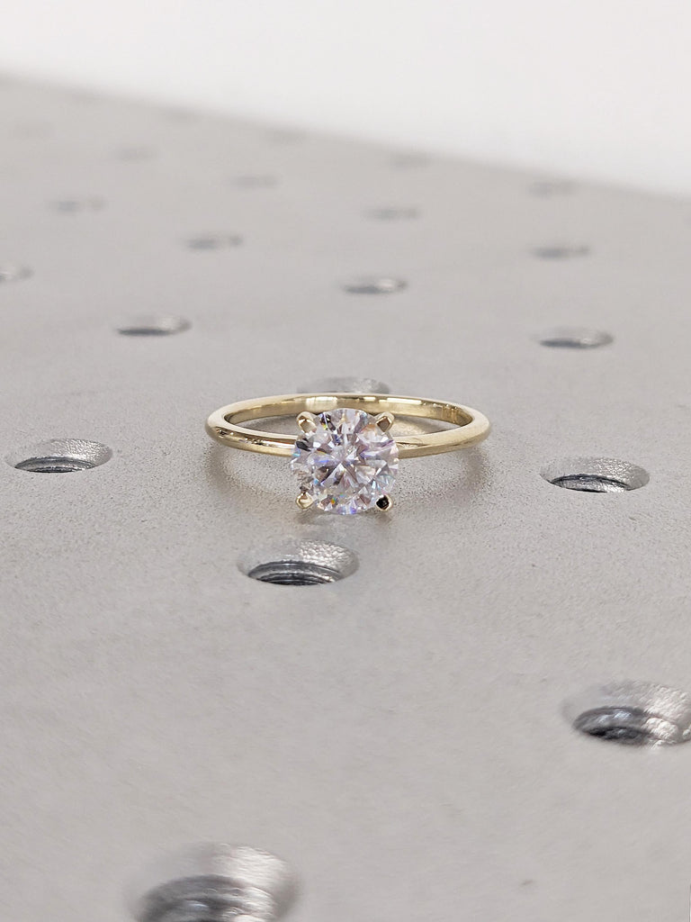 Round Cut Moissanite Engagement Ring, Dainty 14k Yellow Gold Comfort Fit Wedding Ring, 4 Prong Moissanite Ring, Solitaire Anniversary Ring