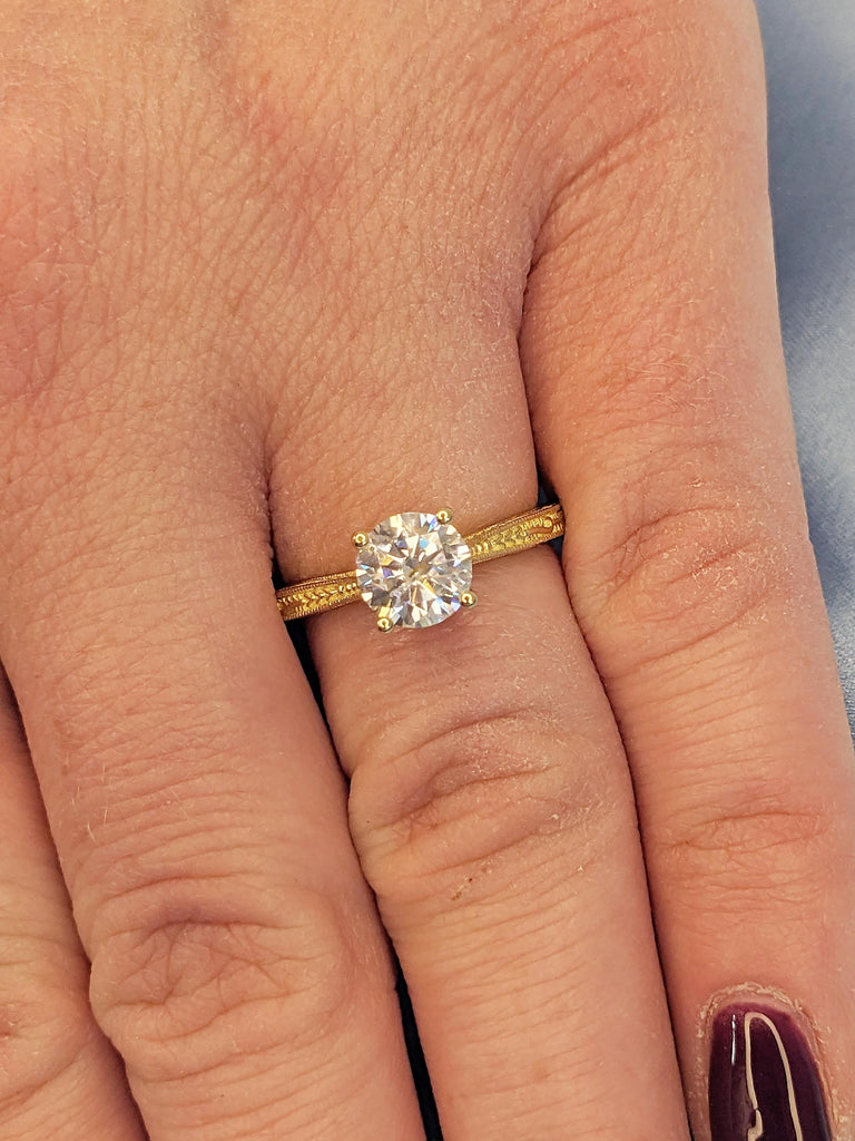 Round Cut Moissanite Ring | Unique Milgrain 14k Yellow Gold Wedding Ring | Filigree Moissanite Engagement Ring | Anniversary Rings for Women